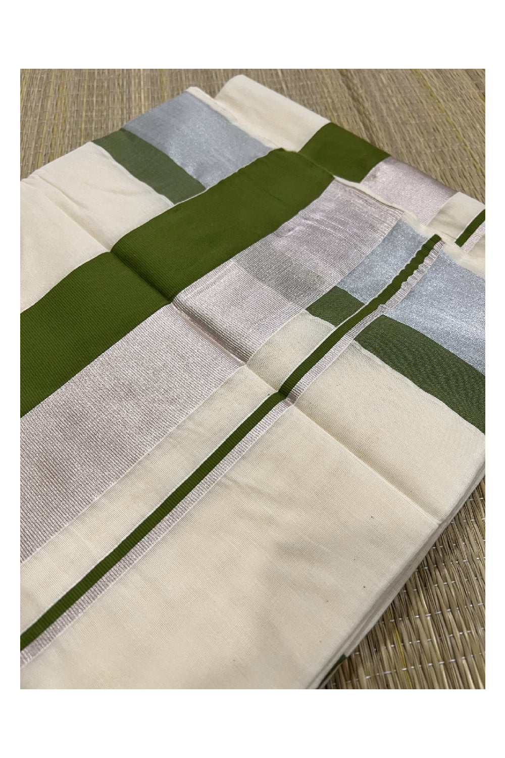 Pure Cotton Off White Kerala Saree with Silver Kasavu and Pale Green Border