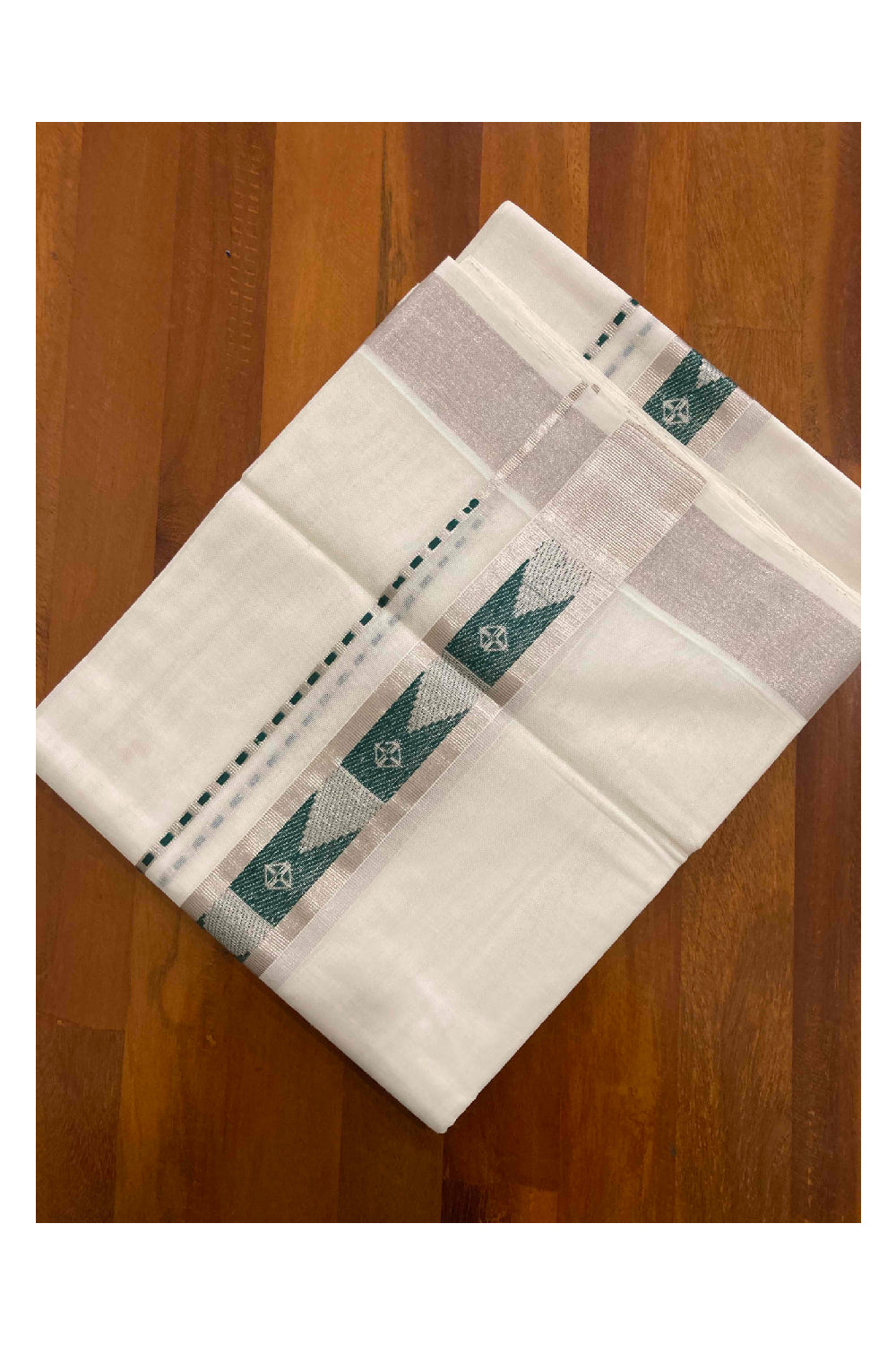 Southloom Handloom Premium Silver Kasavu Dhoti with Dark Green Woven Design Border