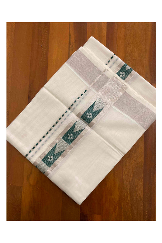 Southloom Handloom Premium Silver Kasavu Dhoti with Dark Green Woven Design Border