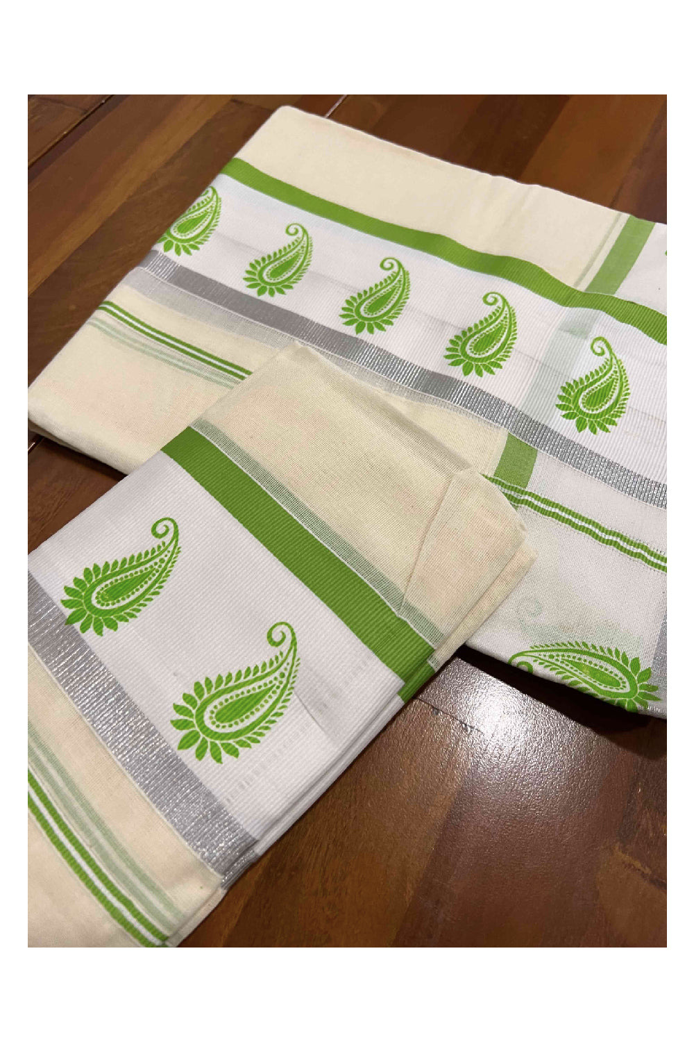 Kerala Cotton Set Mundu (Mundum Neriyathum) with Silver Kasavu and Light Green Block Printed Border