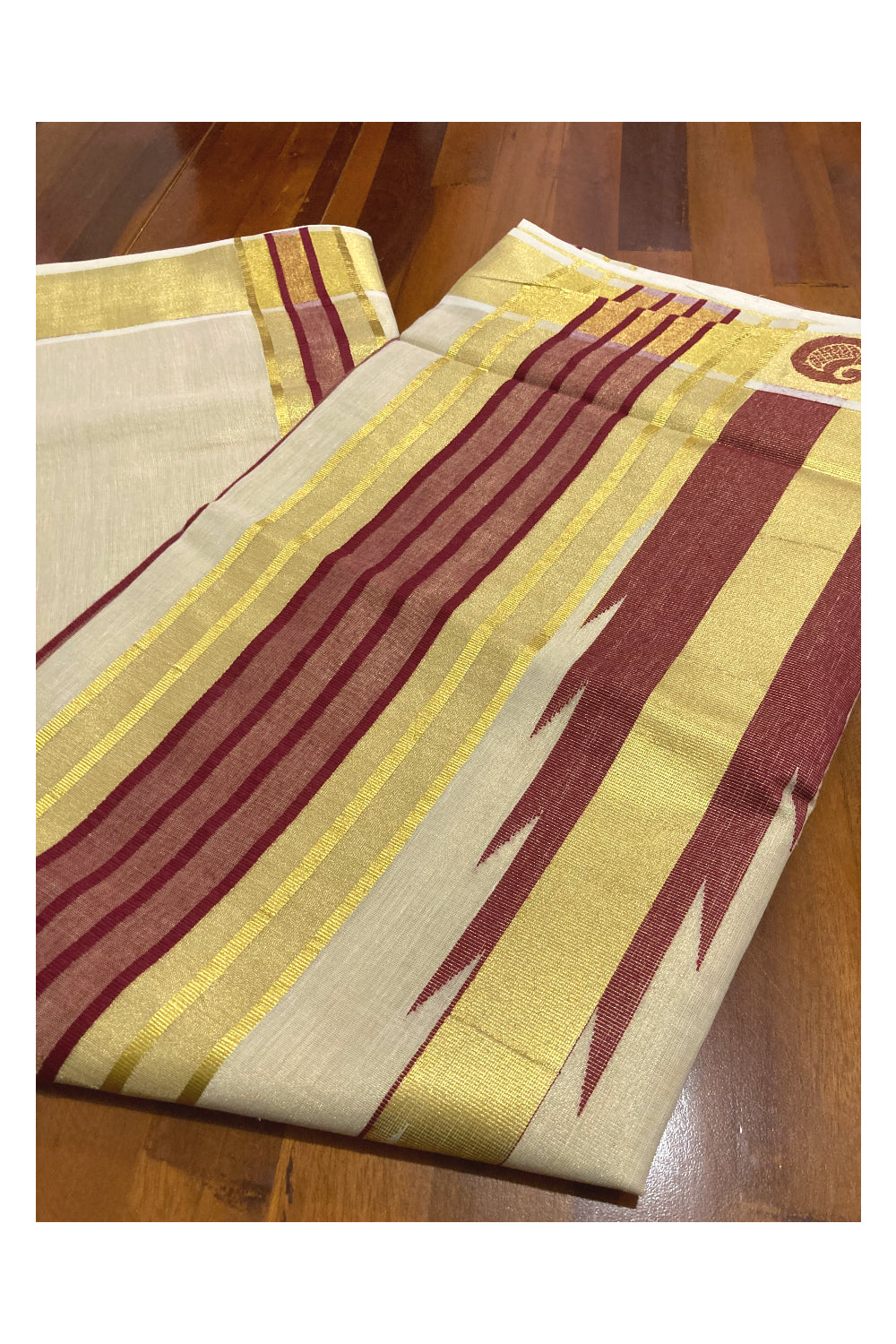 Kerala Tissue Kasavu Saree with Maroon Large Temples on Pallu and Bottom Border