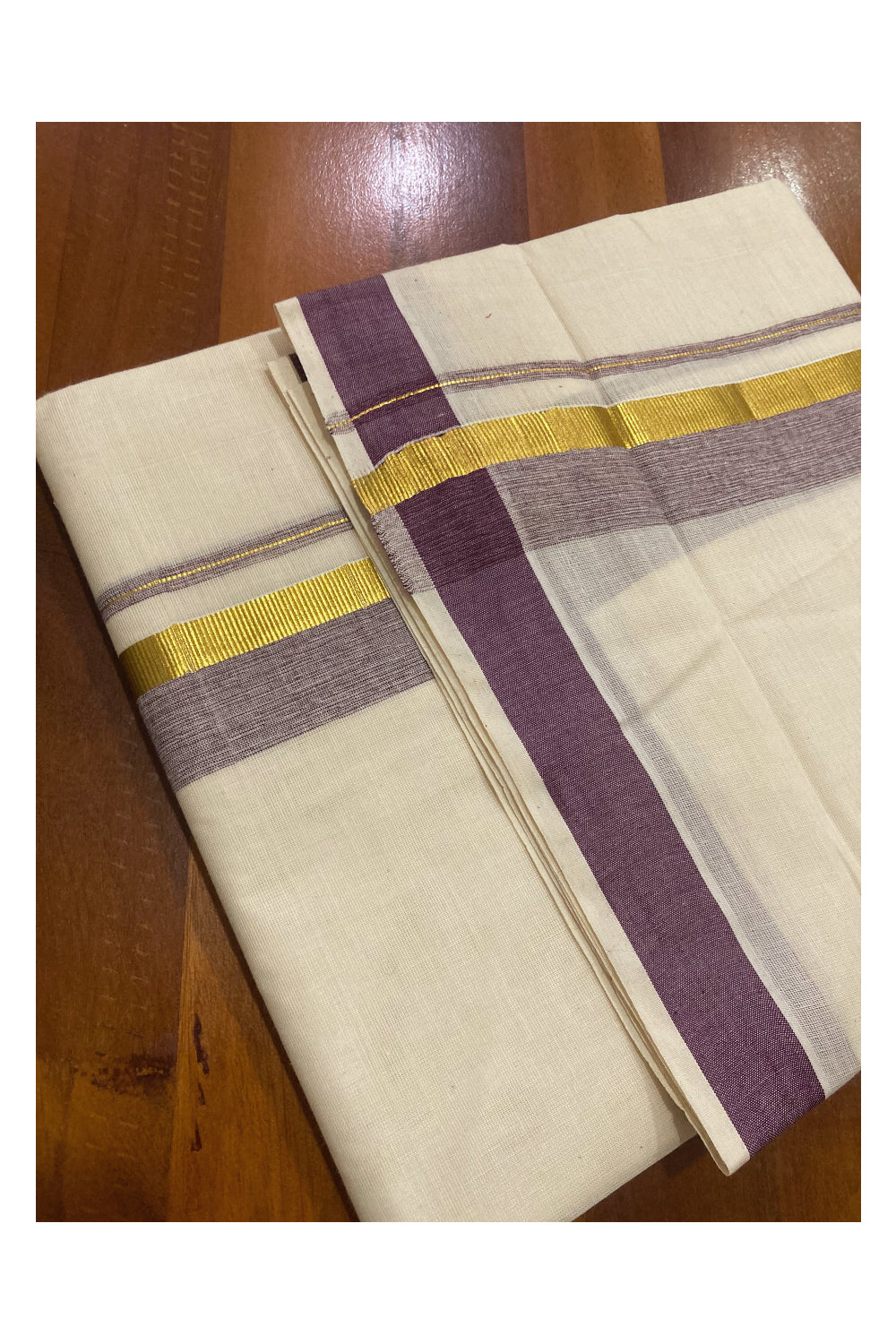 Pure Cotton Off White Double Mundu with Purple and Kasavu Border (South Indian Dhoti)