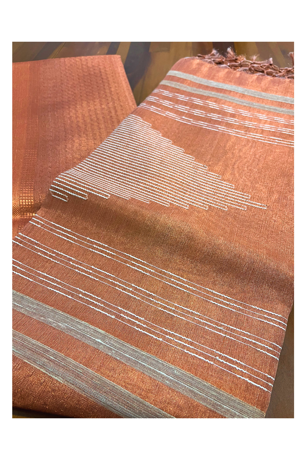 Southloom Tissue Copper Saree with Thread works on Body and Tassels on Pallu