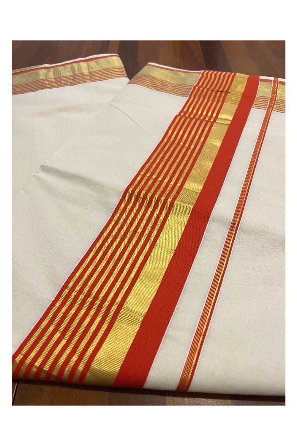 Pure Cotton Kerala Saree with Kasavu and Orange Border