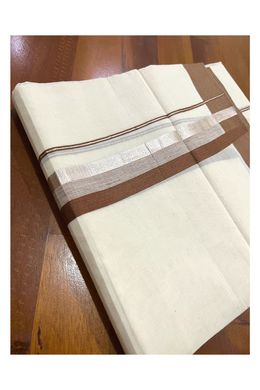 Pure Cotton Off White Double Mundu with Silver Kasavu and Brown Border (South Indian Dhoti)