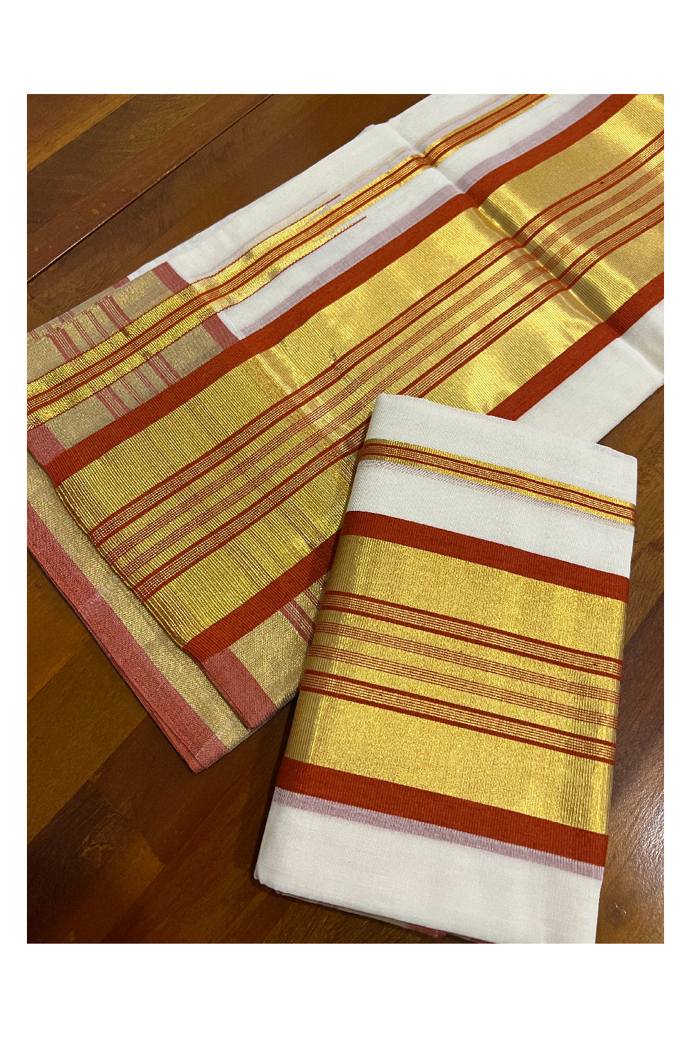 Southloom Premium Handloom Set Mundu with Kasavu and Dark Orange Stripes Border 2.80 Mtrs