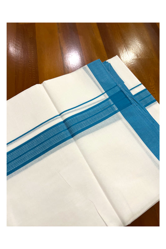 Pure White Cotton Double Mundu with Light Blue Border (South Indian Dhoti)