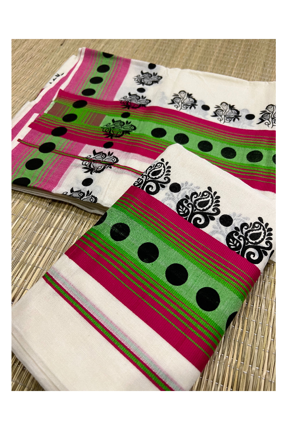 Kerala Cotton Set Mundu (Mundum Neriyathum) with Black Floral Block Prints on Dark Pink Green Border