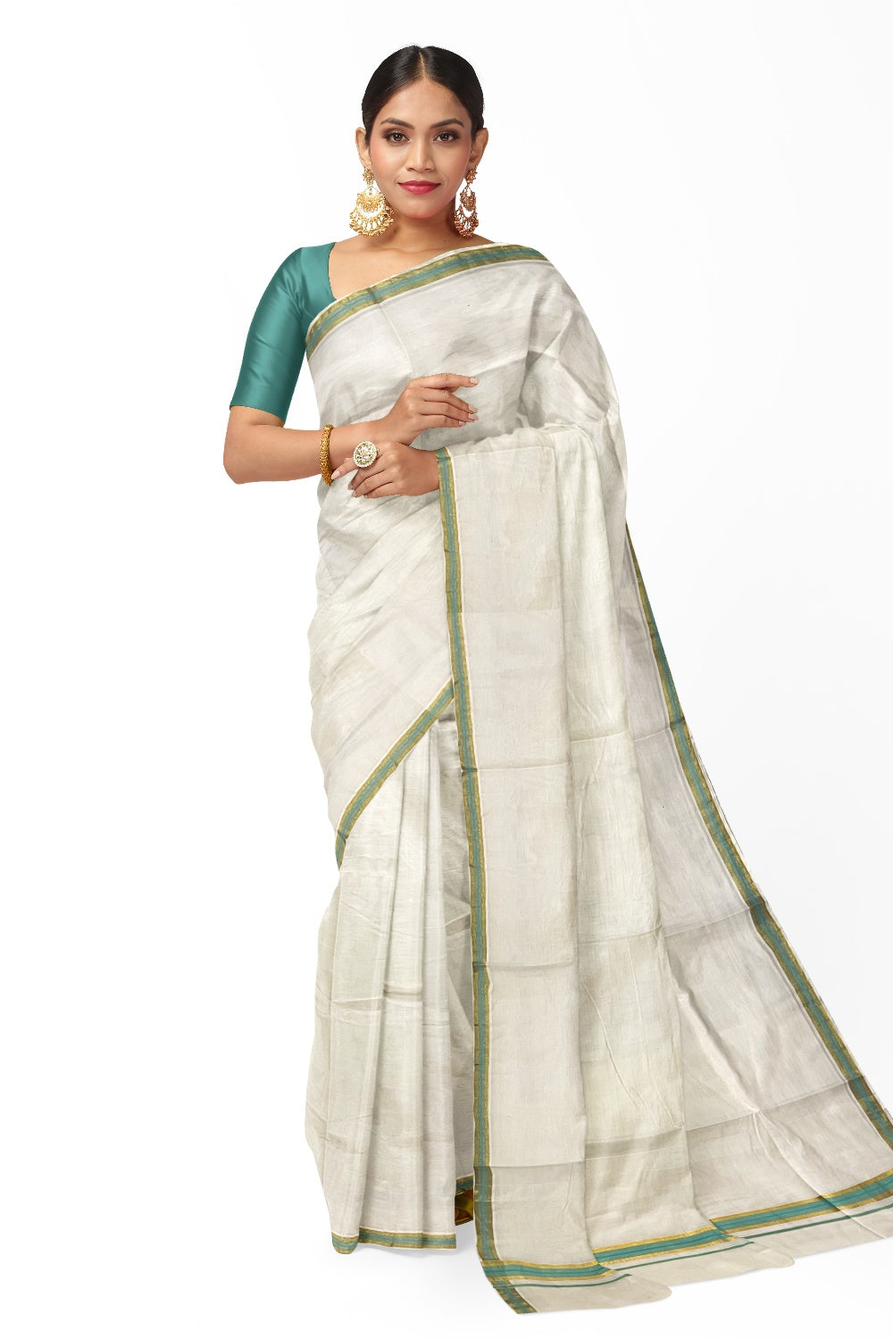 Kerala Pure Cotton Plain Saree with Kasavu and Turquoise Border