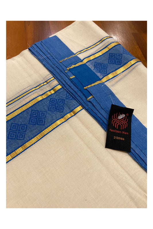 Southloom Balaramapuram Handloom Mundu with Kasavu and Blue Block Printed Border