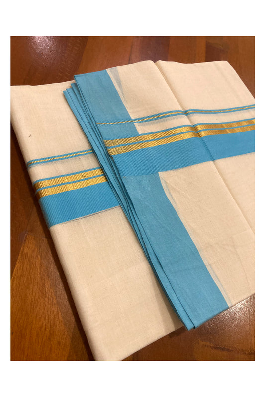 Off White Pure Cotton Double Mundu with Kasavu and Blue Border (South Indian Dhoti)