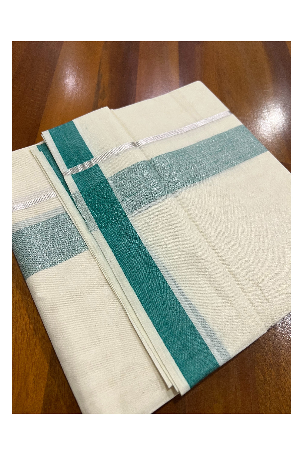 Pure Cotton Off White Double Mundu with Green and Silver Kasavu Border (South Indian Dhoti)