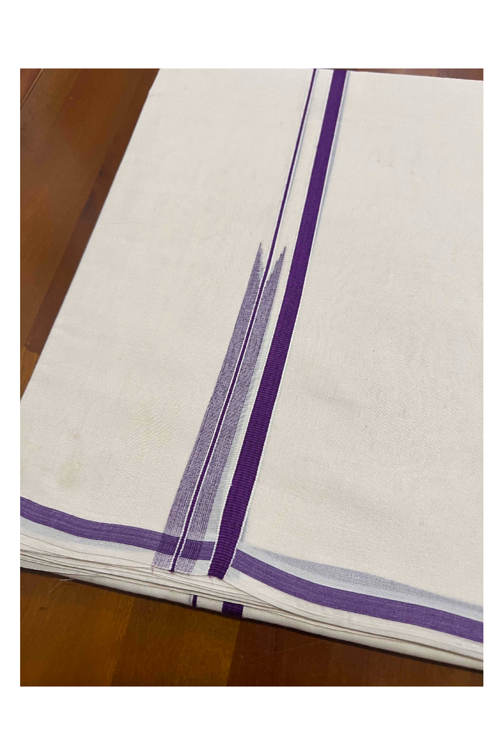 Off White Pure Cotton Double Mundu with Violet Puliyilakkara Border (South Indian Dhoti)