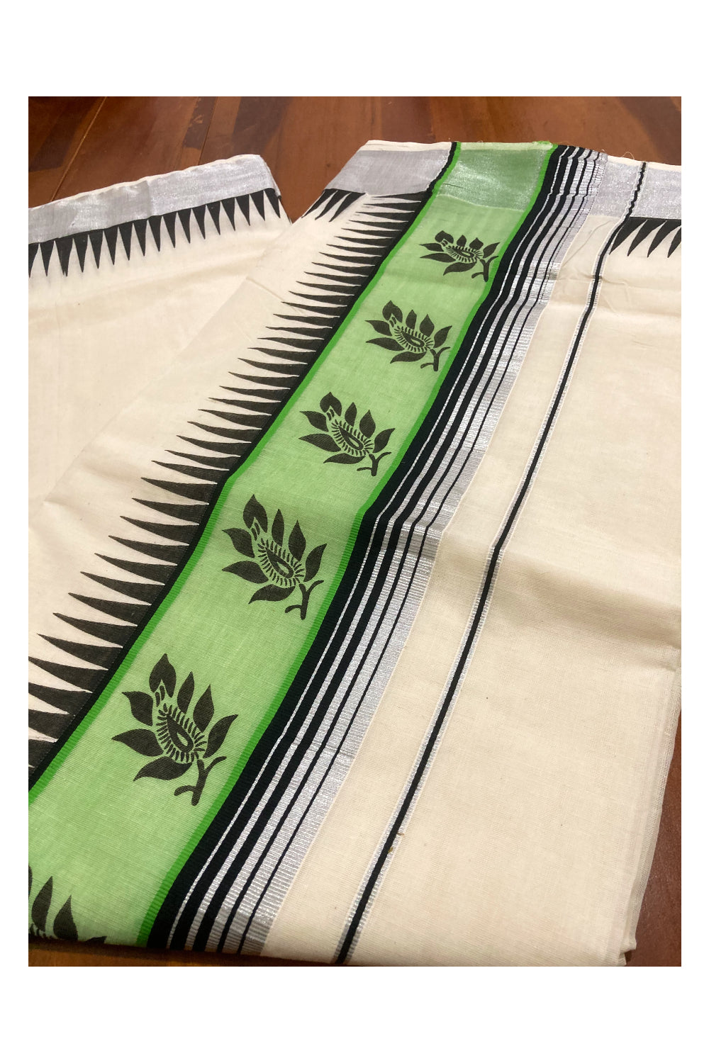 Pure Cotton Silver Kasavu Kerala Saree with Black Floral Block Prints on Green Border