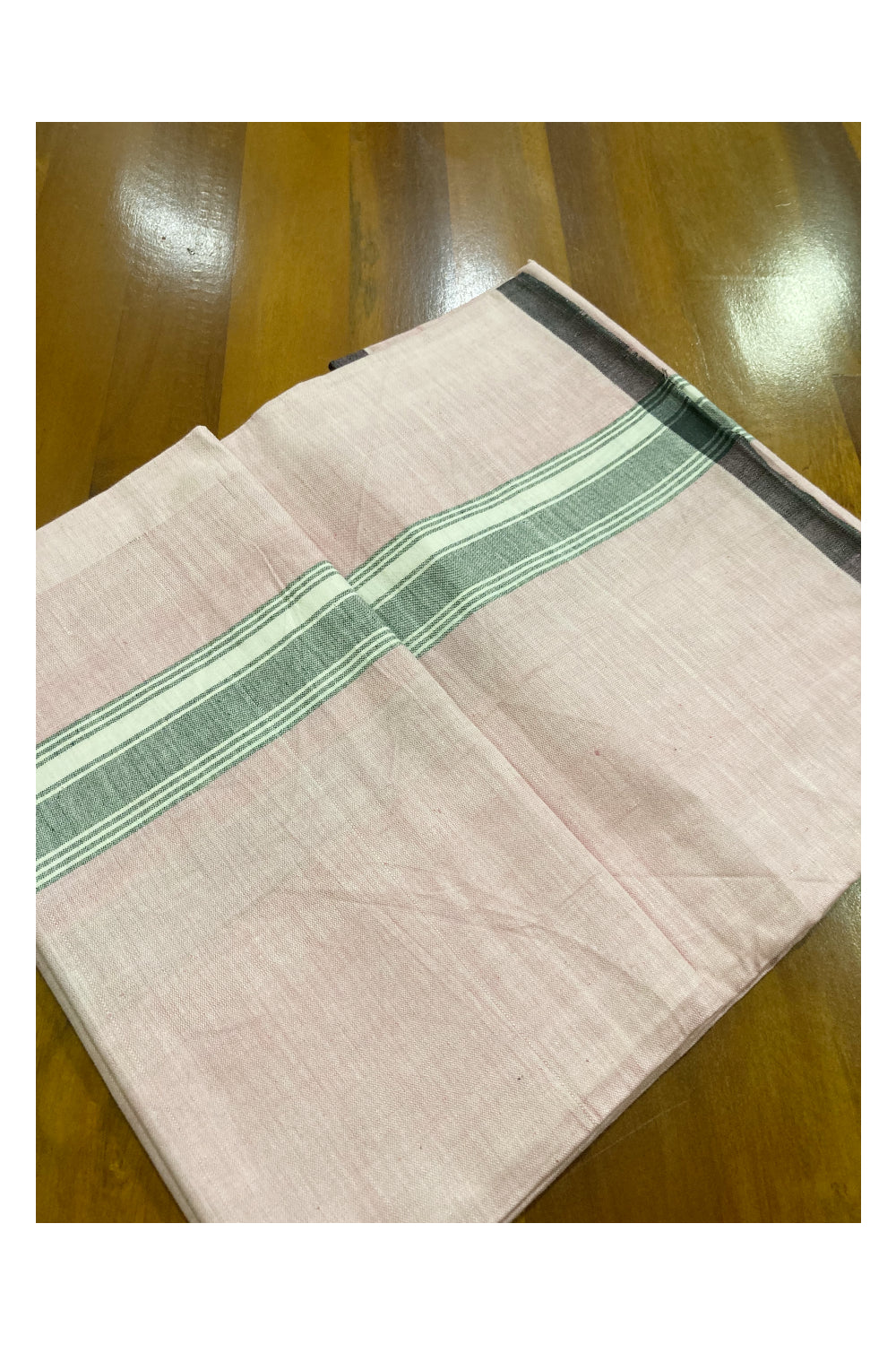 Southloom Premium Handloom Pink Solid Single Mundu (Lungi) with Black White Lines Border