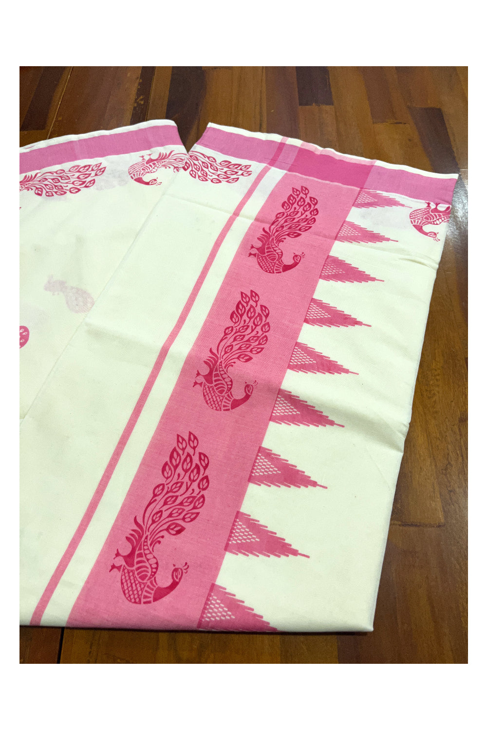 Pure Cotton Kerala Saree with Pink Peacock Temple Block Printed Border (Vishu Saree 2023)