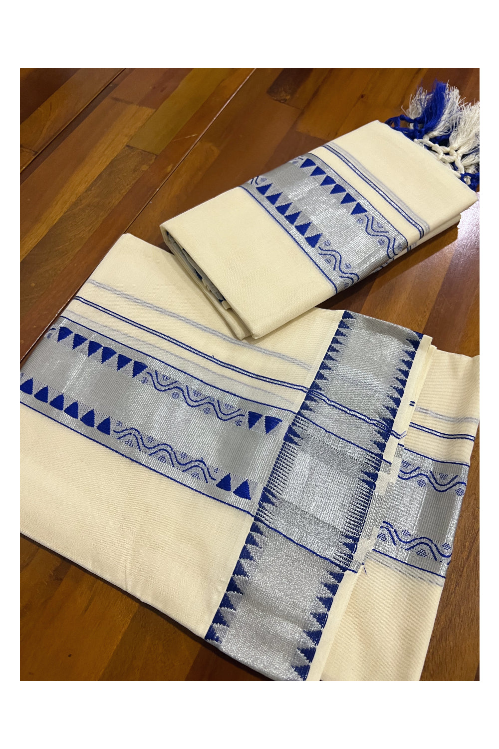 Kerala Cotton Set Mundu Single (Mundum Neriyathum) with Silver Kasavu and Blue Woven Border and Tassels Work