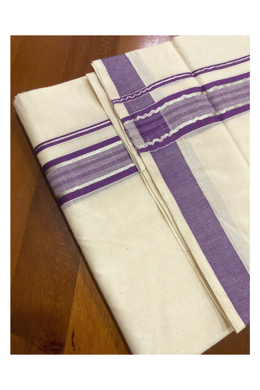 Pure Cotton Double Mundu with Violet and Silver Kasavu Border (South Indian Dhoti)