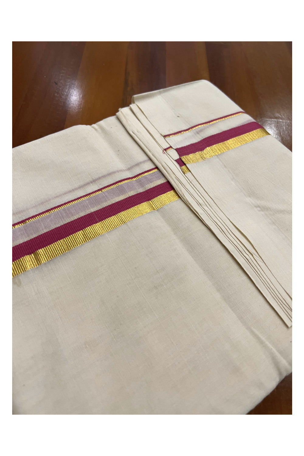 Off White Pure Cotton Double Mundu with Kasavu and Dark Pink Kara (South Indian Dhoti)