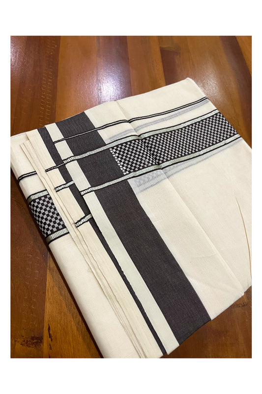 Pure Cotton Off White Double Mundu with Silver Kasavu and Dark Brown Woven Border (South Indian Dhoti)