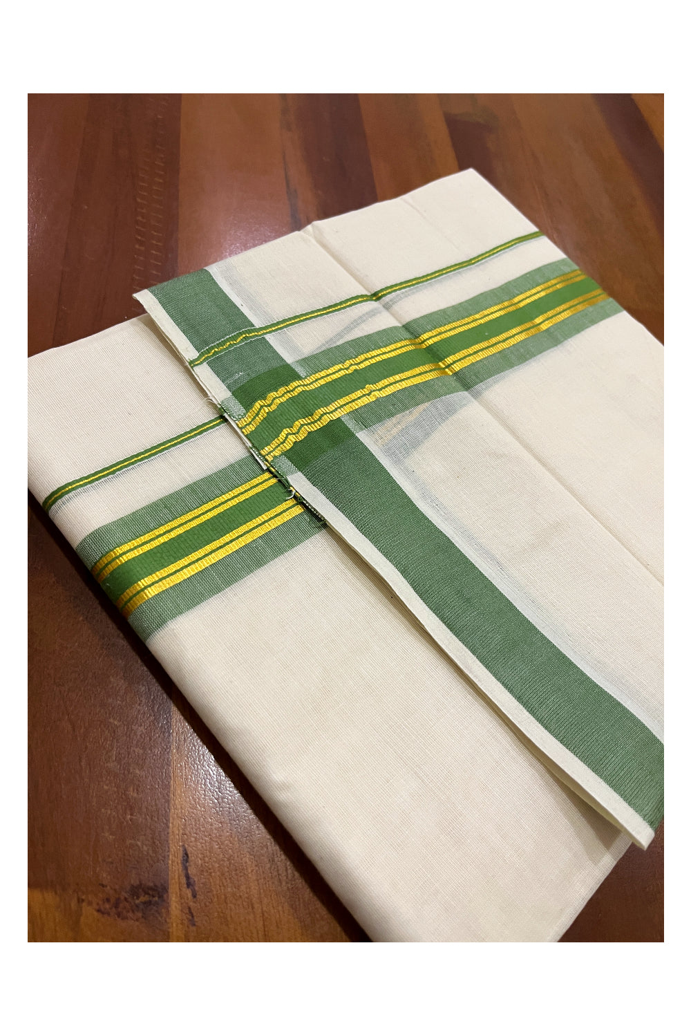 Pure Cotton Double Mundu with Kasavu Green Kara (South Indian Dhoti)