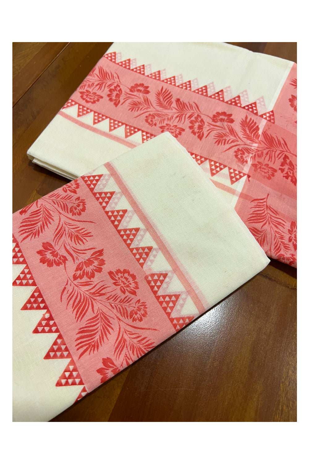 Kerala Cotton Set Mundu (Mundum Neriyathum) with Light Pink Floral Temple Block Prints on Border