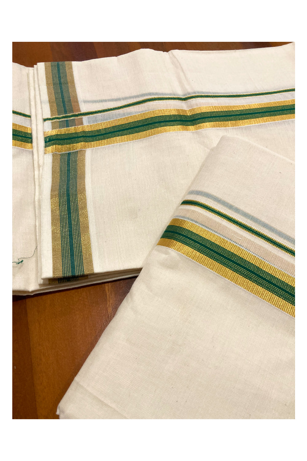 Pure Cotton Kerala Single Set Mundu (Mundum Neriyathum) with Green and 1 inch Kasavu Border 2.80 Mtrs