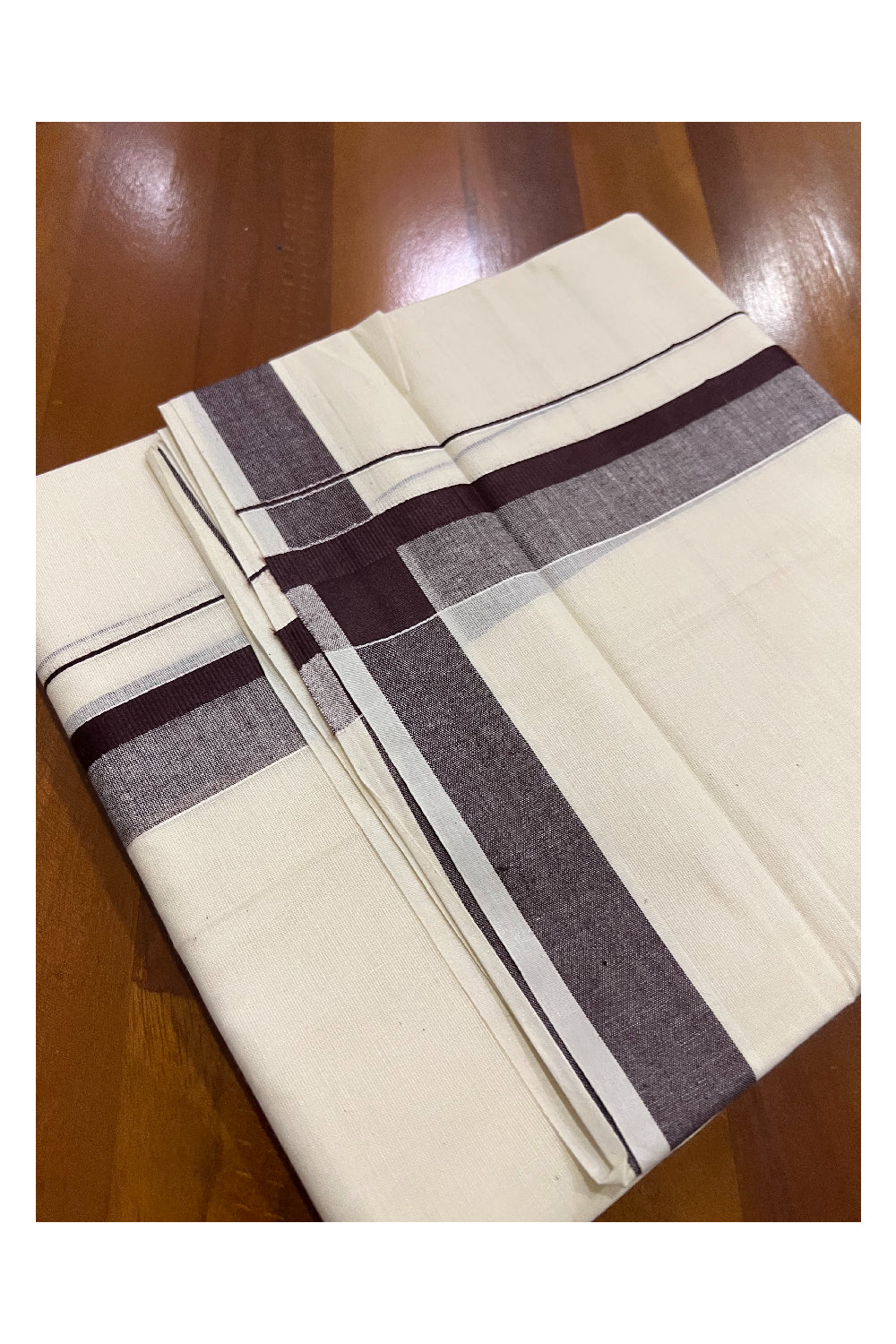 Off White Pure Cotton Double Mundu with Dark Brown Shaded Kara (South Indian Dhoti)