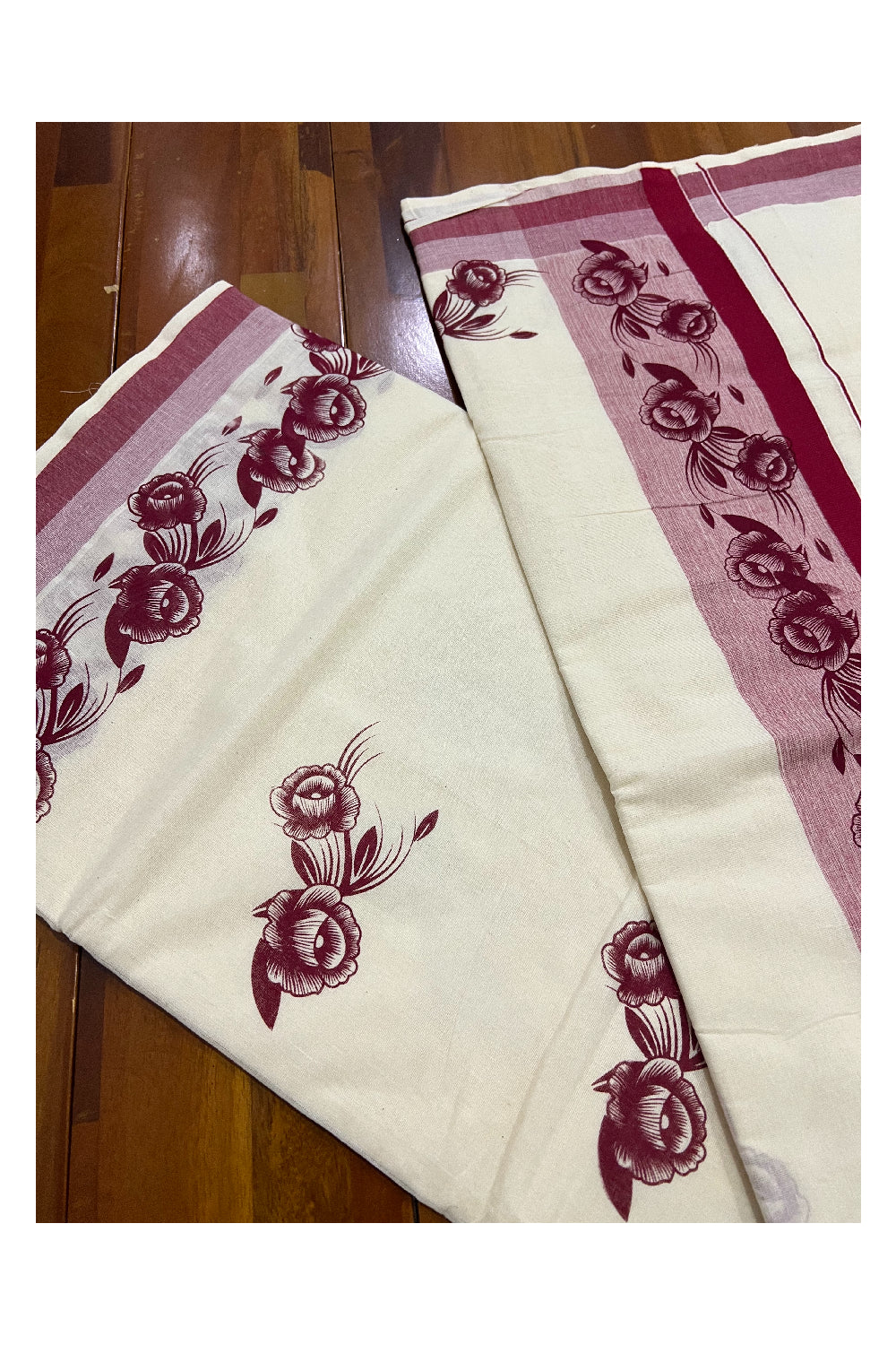 Pure Cotton Kerala Saree with Maroon Floral Block Printed Design