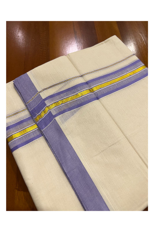 Cotton Off White Double Mundu with Violet and Kasavu Border (South Indian Dhoti)