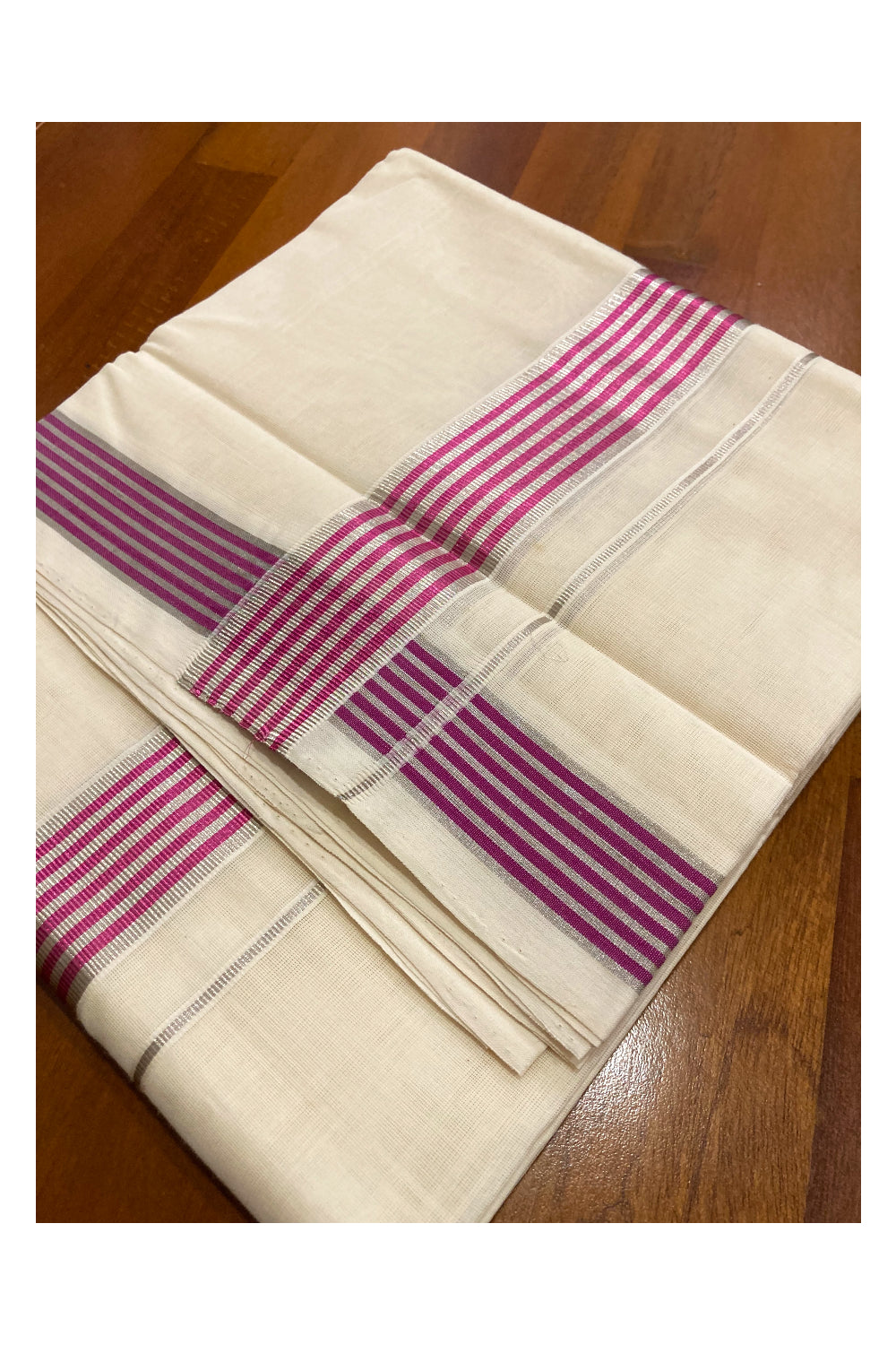 Southloom Premium Handloom Cotton Off White Mundu with Magenta and Silver Kasavu Border (South Indian Dhoti)