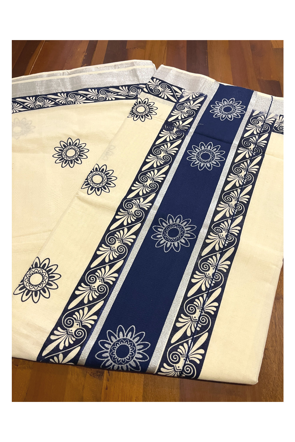 Pure Cotton Kerala Saree with Blue Block Prints and Silver Kasavu Border (Onam Saree 2023)