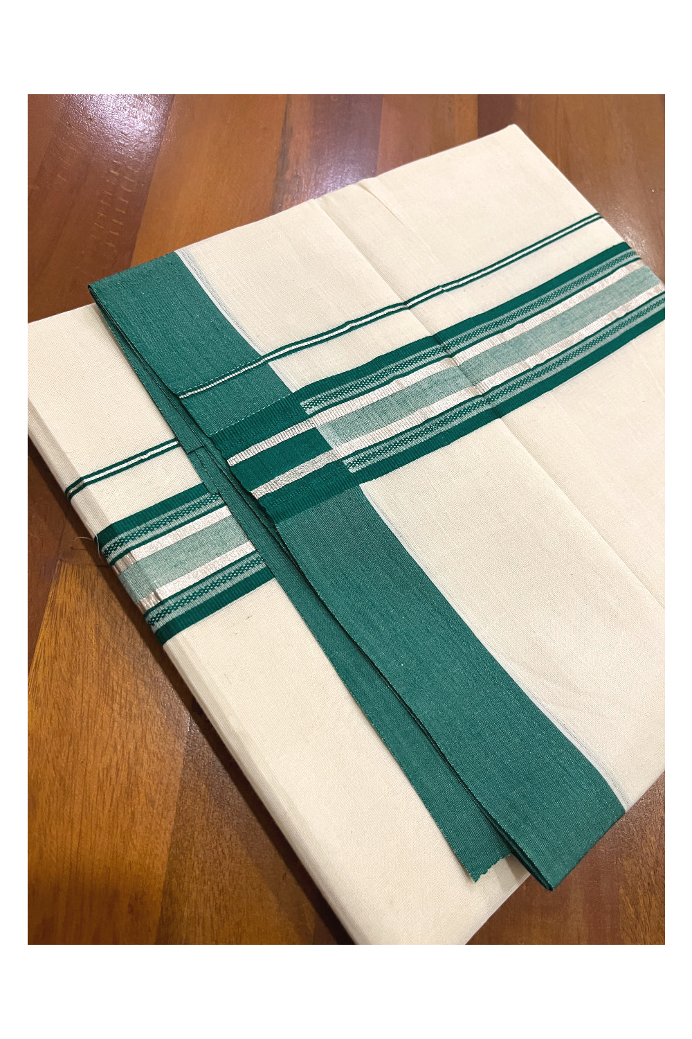 Pure Cotton Off White Double Mundu with Green and Silver Kara (South Indian Dhoti)