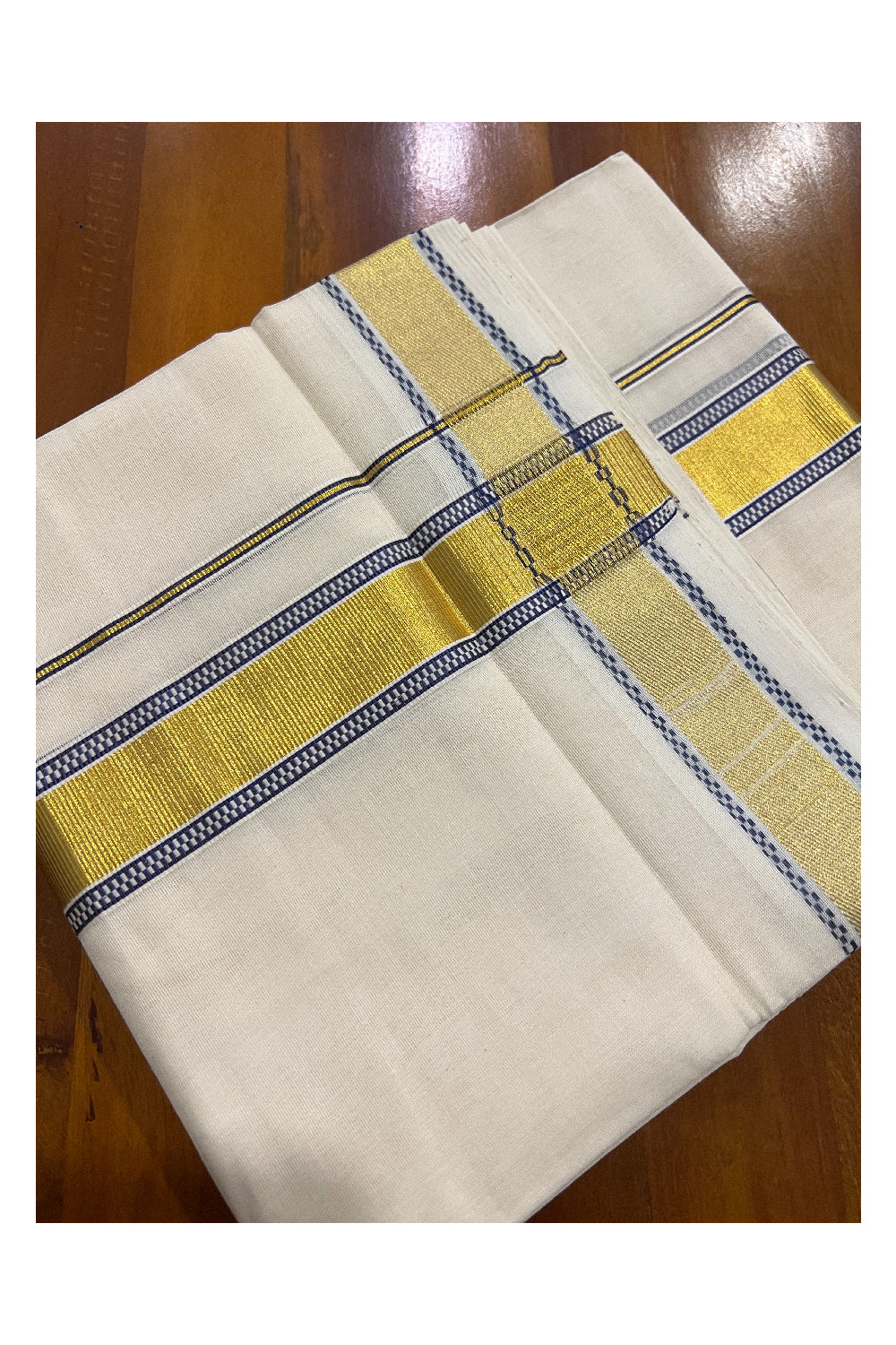 Southloom Balaramapuram Handloom Pure Cotton Mundu with Kasavu and Violet Design Border (South Indian Dhoti)