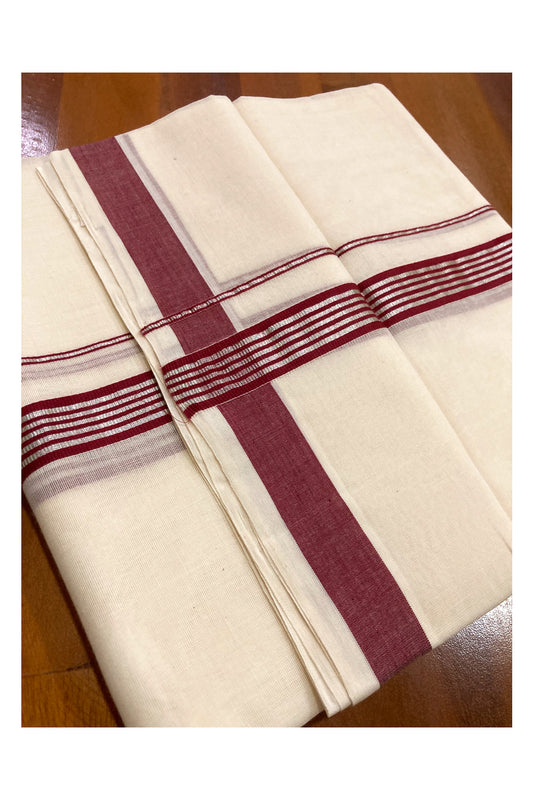 Southloom Premium Handloom Pure Cotton Mundu with Maroon and Silver Kasavu Border (South Indian Kerala Dhoti)