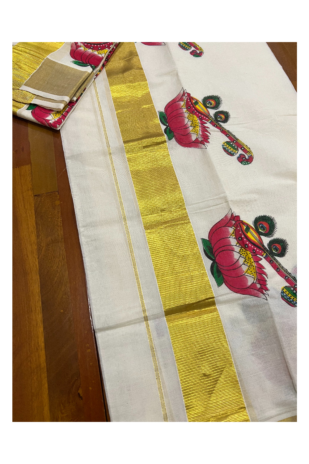 Pure Cotton Kasavu Set Mundu (Mundum Neriyathum) with Veena and Lotus Mural Prints on Border 2.80 Mtrs