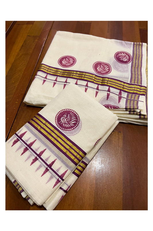 Kerala Cotton Kasavu Set Mundu (Mundum Neriyathum) with Magenta Block Prints on Border