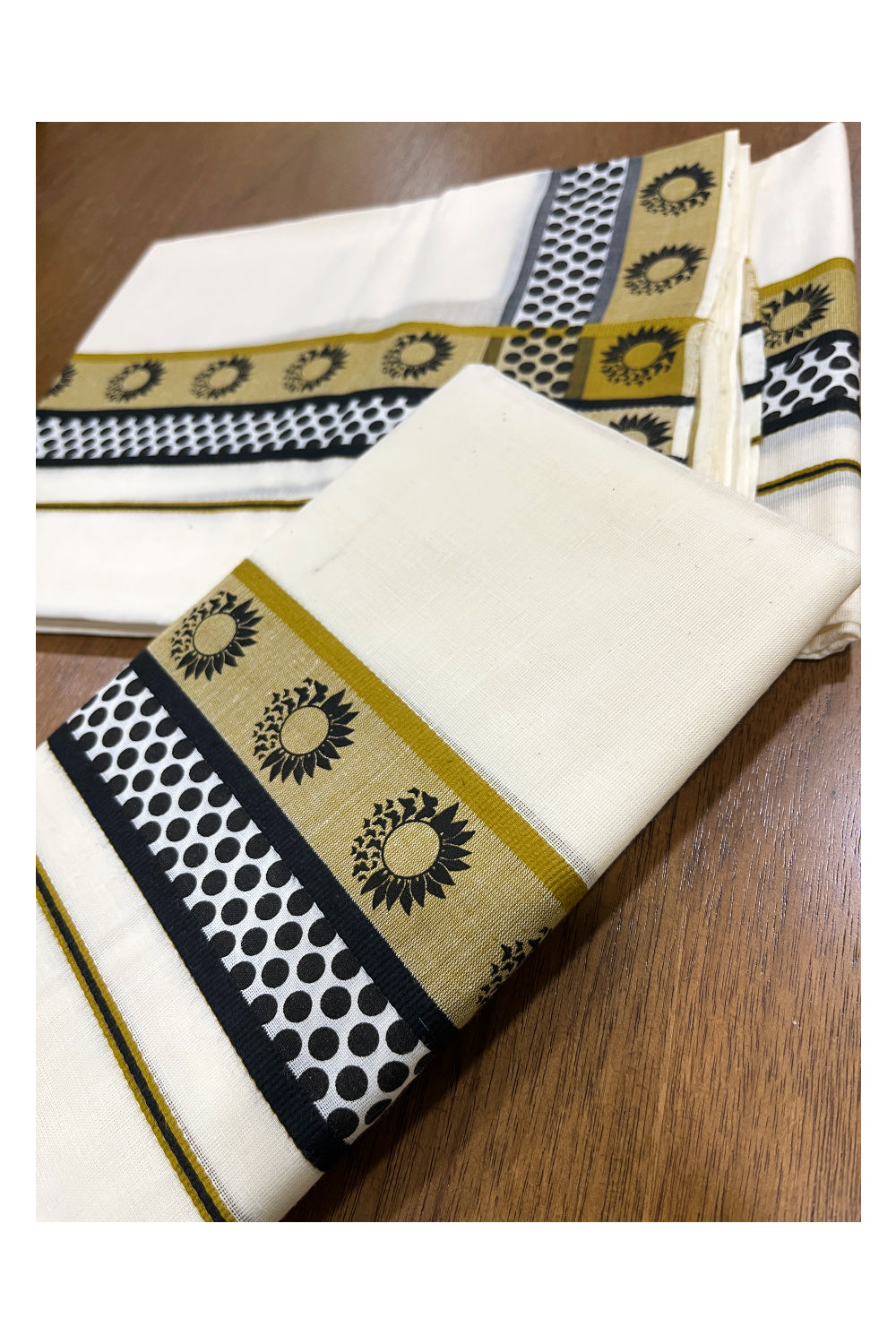 Kerala Cotton Single Set Mundu (Mundum Neriyathum) with Black Block Prints on Brown Border