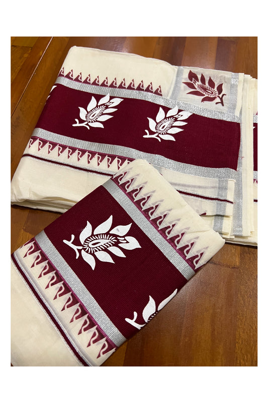 Pure Cotton Kerala Silver Kasavu Set Mundu (Mundum Neriyathum) with White Floral Block Prints on Maroon Temple Border