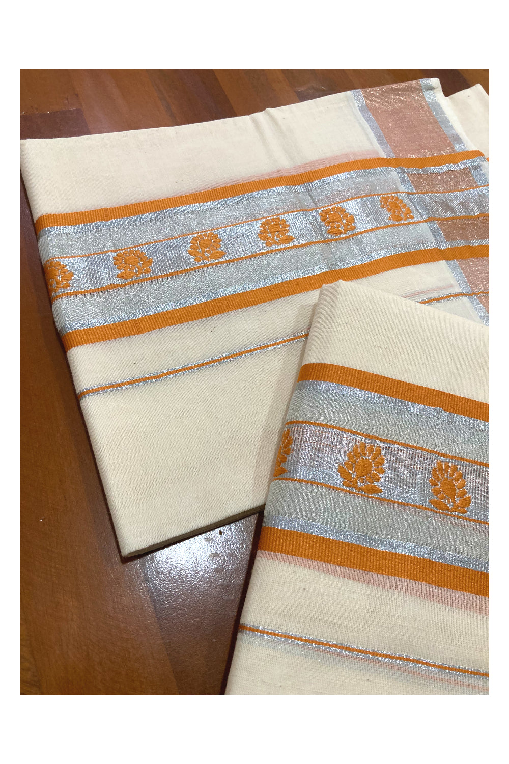 Cotton Silver Kasavu Set Mundu (Mundum Neriyathum) with Orange Woven Works on Border