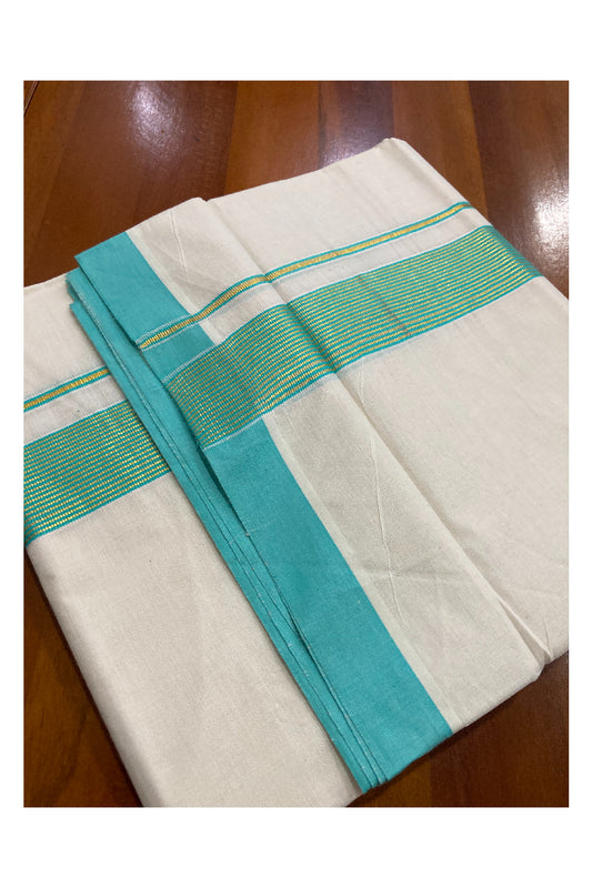 Off White Kerala Double Mundu with Kasavu and Turquoise Line Border (South Indian Dhoti)