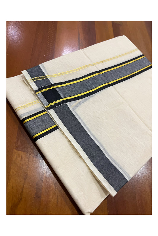 Pure Cotton Off White Double Mundu with Black and Kasavu Kara (South Indian Kerala Dhoti)