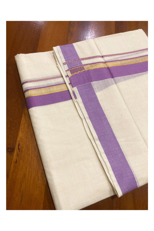 Pure Cotton Double Mundu with Violet and Kasavu Border (South Indian Dhoti)