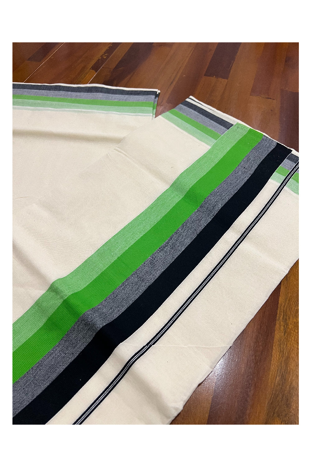 Kerala Cotton Saree with Light Green and Black Lines Border Design