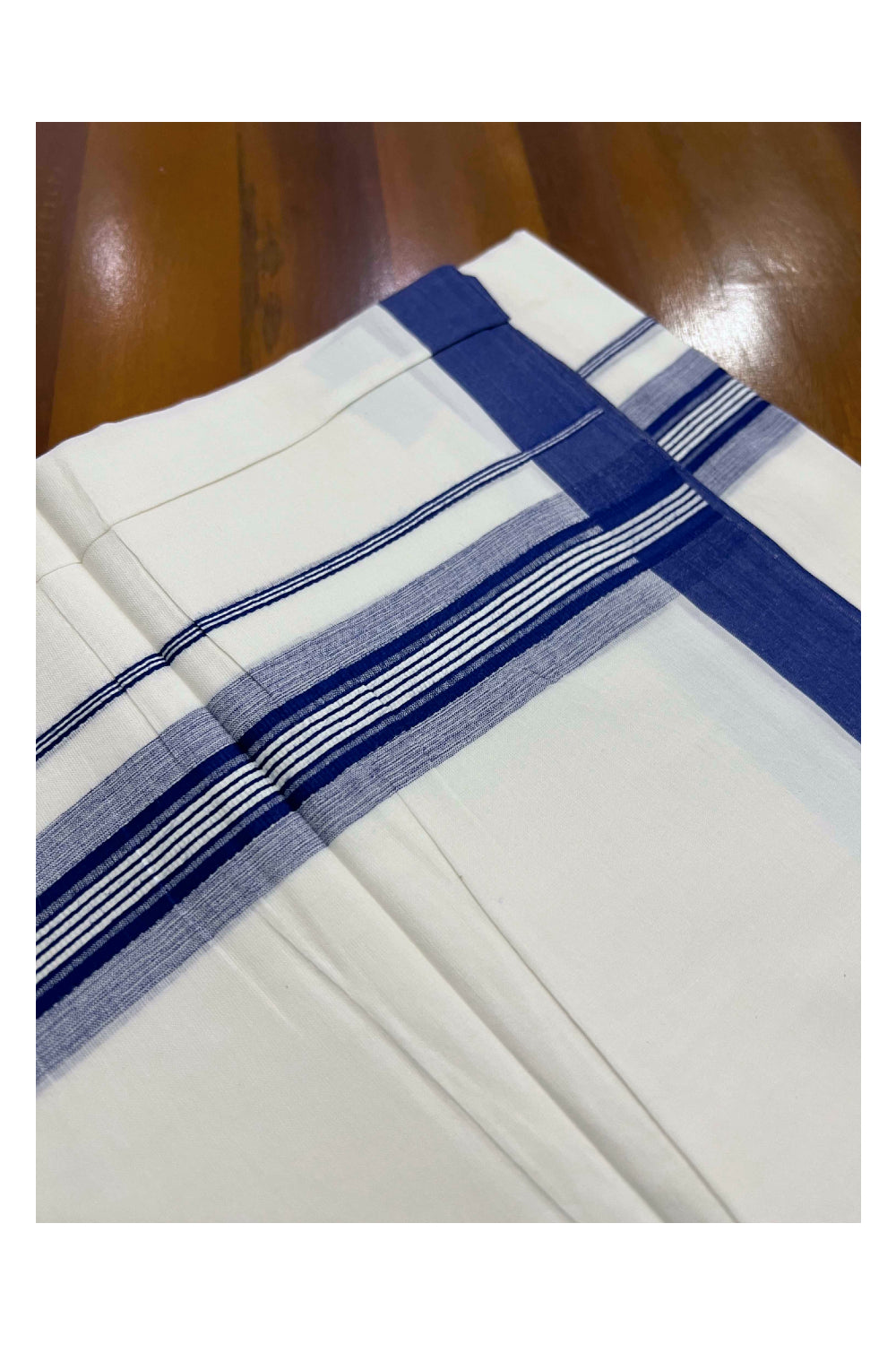 Pure White Cotton Mundu with Dark Blue and White Line Kara (South Indian Dhoti)