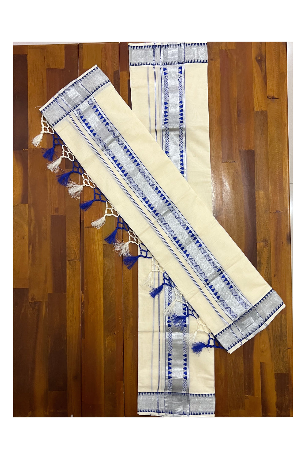 Kerala Cotton Set Mundu Single (Mundum Neriyathum) with Silver Kasavu and Blue Woven Border and Tassels Work