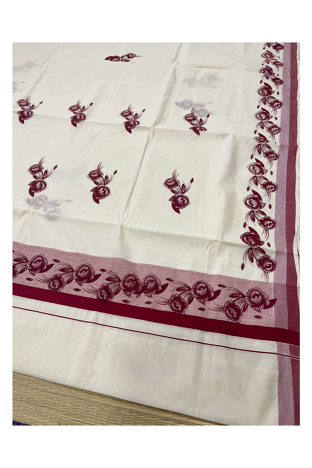 Pure Cotton Kerala Saree with Maroon Floral Block Printed Design