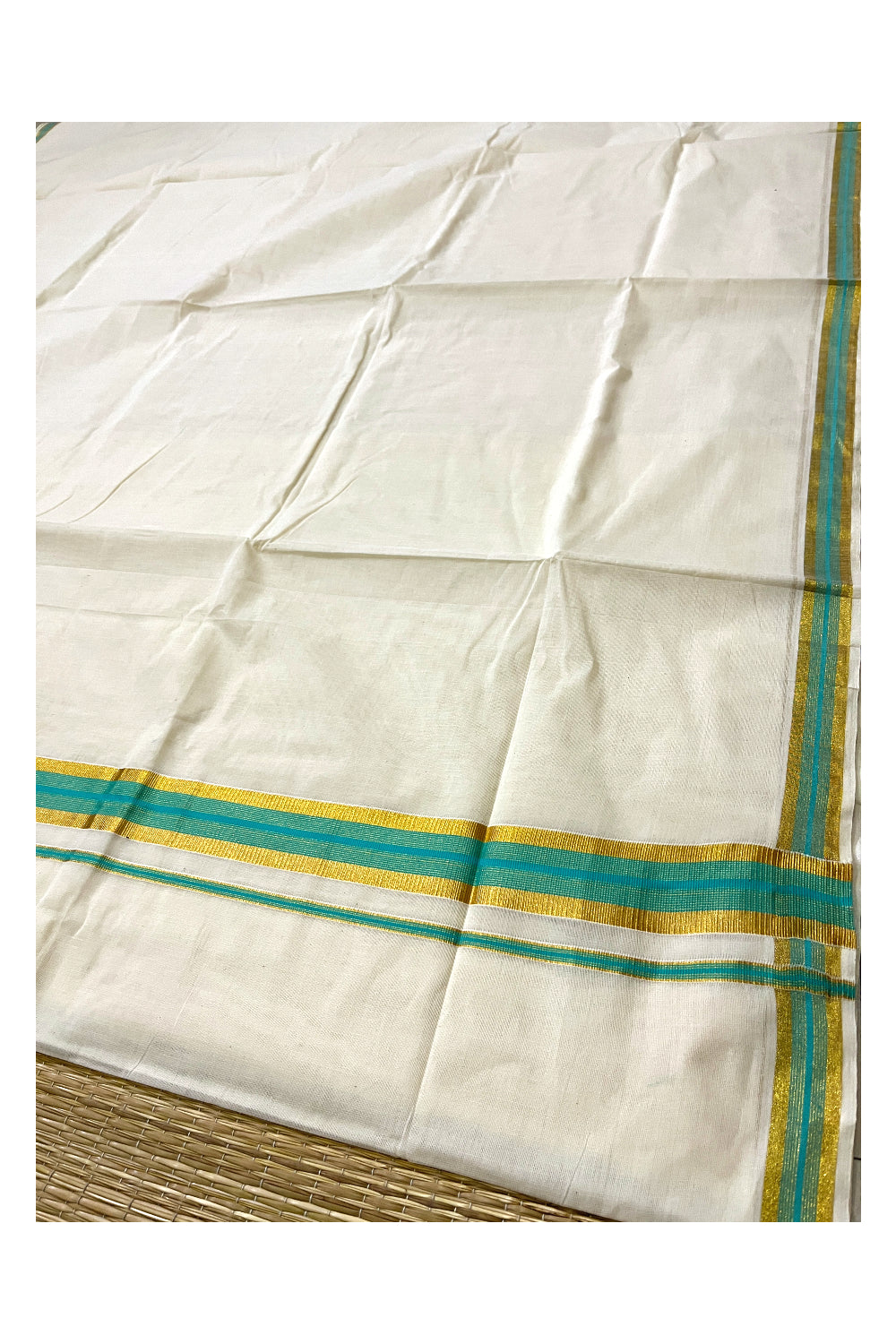 Kerala Pure Cotton Plain Saree with Kasavu and Turquoise Border