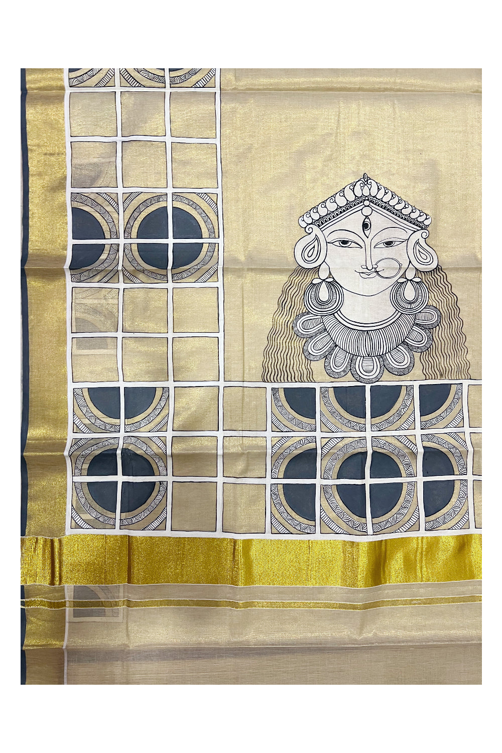 Kerala Kasavu Tissue Saree with Hand Painted Works on Body