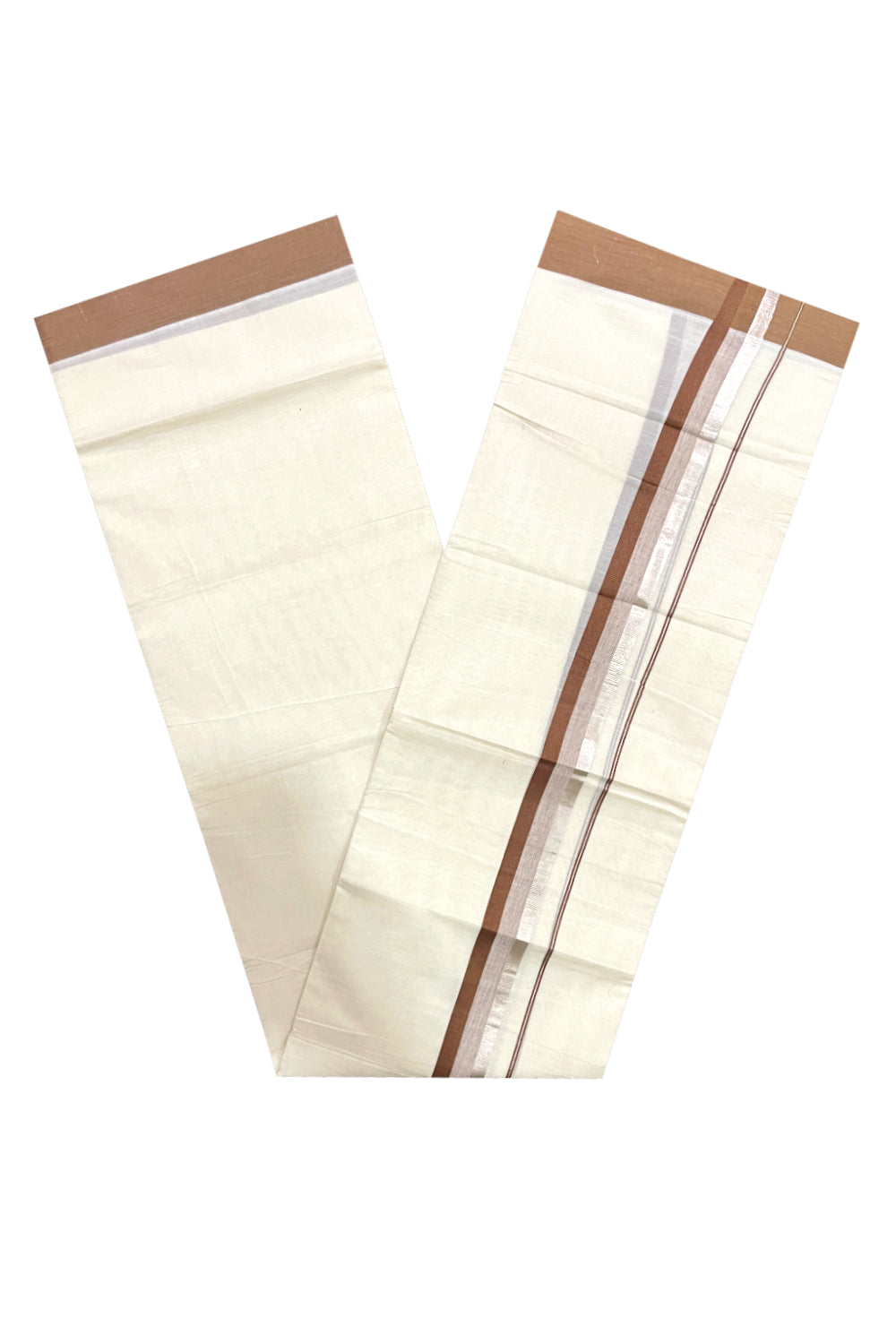 Pure Cotton Off White Double Mundu with Silver Kasavu and Brown Border (South Indian Dhoti)